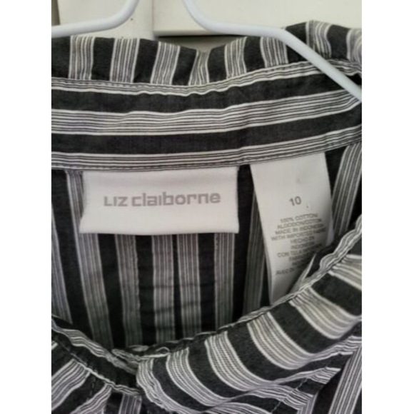 Liz Claiborne Size 10 Button Up Blouse Striped Long Sleeve Shirt Blouse Patched - Picture 3 of 8